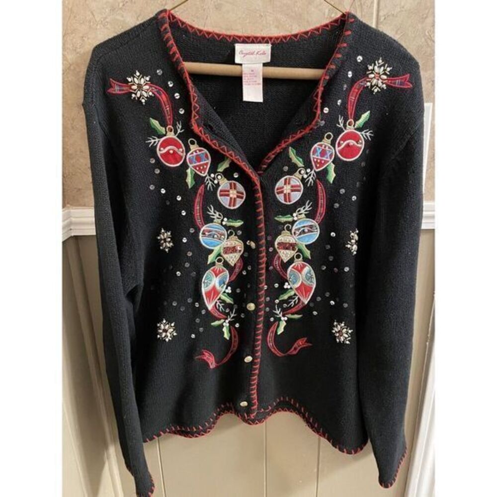 Crystal Kobe Black Christmas Holiday‎ Cardigan Size Medium